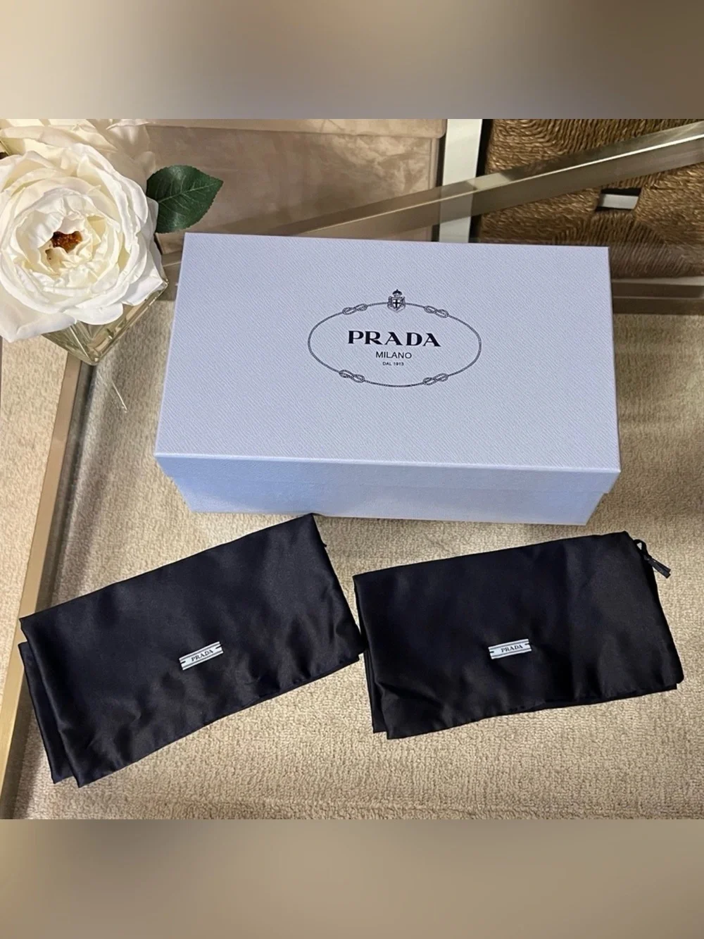 Prada Black Shoe Dust Bags with Light Blue Box